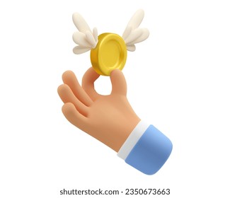 3d hand with gold coin icon. Flying golden money with wings, vector illustration isolated on white background.