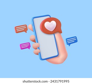 3D hand hold Like Icon with Heart and Smartphone. social media online concept. design of valentines day wedding decoration and marriage theme. 3D rendering. Vector illustration