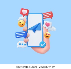 3d hand hold mobile phone with social network communication. Social media marketing. Smile emoticon and message concept. 3d rendering. Vector illustration