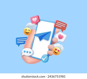 3d hand hold mobile phone with social network communication. Social media marketing. Smile emoticon and message concept. 3d rendering. Vector illustration