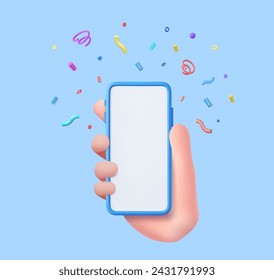 3d hand hold Mobile smart phone with celebratory confetti flying around. Winner concept. 3d rendering. Vector illustration