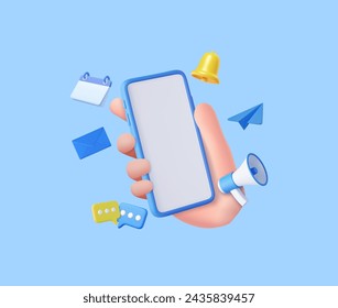 3d hand hold Phone with business management app. Online news and work. Business marketing concept. Smartphone with megaphone, bell and message. 3d rendering. Vector illustration