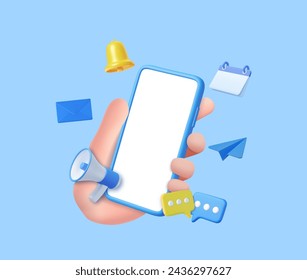 3d hand hold Phone with business management app. Online news and work. Business marketing concept. Smartphone with megaphone, bell and message. 3d rendering. Vector illustration