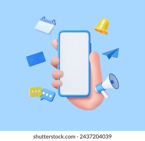 3d hand hold Phone with business management app. Online news and work. Business marketing concept. Smartphone with megaphone, bell and message. 3d rendering. Vector illustration