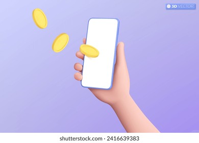 3d hand hold smartphone and floating gold coins icon symbol. display presentation, Cash, saving money, business, finance, mockup concept. 3D vector isolated illustration. Cartoon pastel Minimal style.