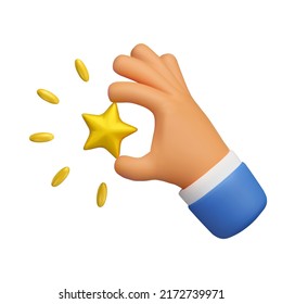 3d hand hold star icon. Vector gold positive customer rate illustration isolated on white background. Online review concept