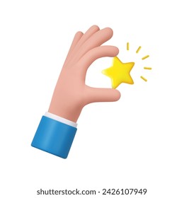 3d hand hold star icon. Positive concept and like symbol. Customer review rating and client feedback concept. 3d rendering. Vector illustration