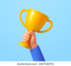 3d Hand hold trophy. Celebrating winners and champions, golden cup prize. Business or sport competition winner. 3d rendering. Vector illustration