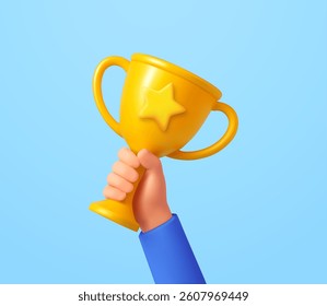 3d Hand hold trophy. Celebrating winners and champions, golden cup prize. Business or sport competition winner. 3d rendering. Vector illustration