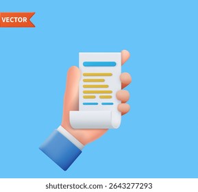 3d hand holding bill receipt. Business hand using hold invoice bill. 3d paper receipt for shopping in store.Vector illustration