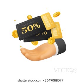 Main 3d tenant des bon de réduction Black Friday avec code-barres et des pièces d'or volant autour. Chèque cadeau premium noir pour bannière d'événement de remise en argent en Image vectorielle 3d