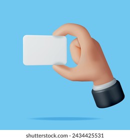 3D Hand Holding Blank Paper Isolated. Render Empty Paper Sheet in Hand. Label or Tag. Empty Business Card. Visit Card Template. Advertising, Marketing, Presentation or Promotion. Vector Illustration