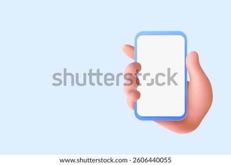 3D hand holding blank smartphone screen. A modern digital illustration featuring a stylized hand gripping a mobile device with an empty display, ideal for app mockups and UI design.