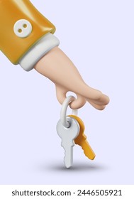 3D hand holding bunch of keys. Ownership, access. Vertical poster for social networks