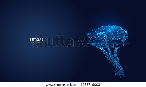 3d hand holding car on the plate. Abstract vector\
illustration in dark blue. Best cars, auto center, rental or sale\
concept. Digital polygonal mesh wireframe with dots, lines, shapes\
and glowing stars