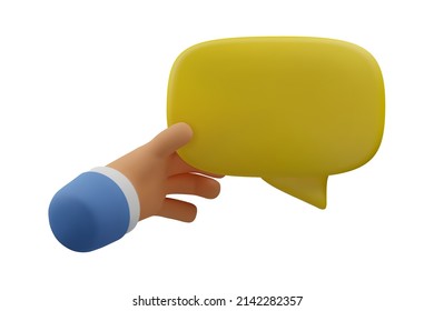 3d Hand Holding Chat Bubble Icon. Message In Fingers, Communication Concept. Vector Illustration