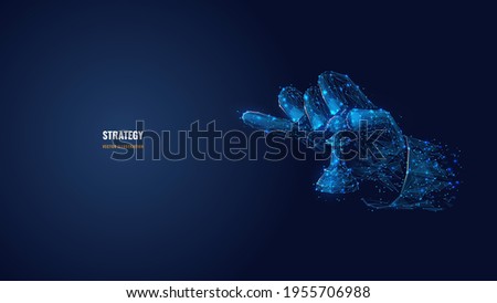 3d hand holding chess pawn. Strategy, planning, business concept. Digital vector illustration in dark blue background. Abstract low poly wireframe with connected dots, lines, shapes and glowing stars
