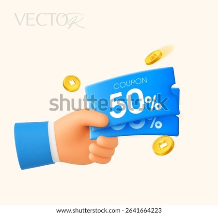 3d hand holding couple of coupons, gift vouchers with coins flying around, isolated on white background.