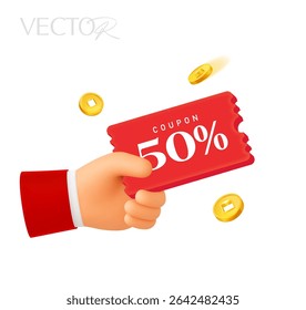 3d hand holding a coupon card, isolated on white background. Pay  with gift voucher icon in 3d vector