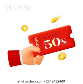 3d hand holding a coupon card with coupon code, percentage off, isolated on white background. Purchase with voucher icon in 3d vector