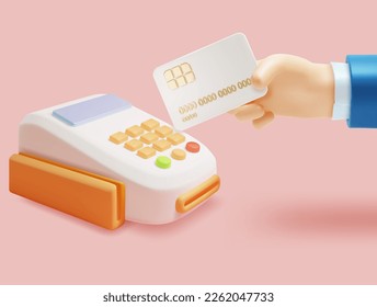 3d Hand Holding Credit Card and Terminal Wireless Mobile Payment Concept Plasticine Cartoon Style. Vector illustration