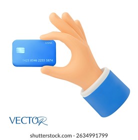 3d hand holding a credit or debit card, isolated on white background. Digital payment icon in 3d vector