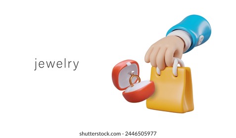 3D hand holding gift bag and box with precious jewelry. Isolated vector composition