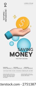 3D hand holding gold dollar coin representing saving money and financial investment concept. Background template for social media, poster, covers, flyers, presentations.