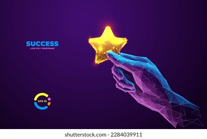 3D hand holding golden star. Abstract asterisk. Gold positive customer rate illustration. Sign of feedback, rating, good review, supporting client service successful. Vector illustration