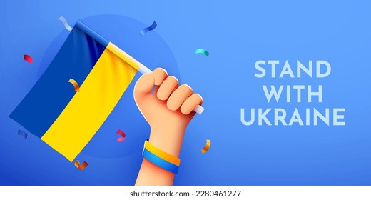 3d hand holding heart with Ukrainian national flag. Pray for Ukraine. Vector illustration