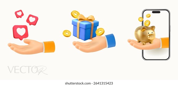 3d hand holding hearts, gift box and piggy bank with coins, isolated on white background. 3d hand icon in vector