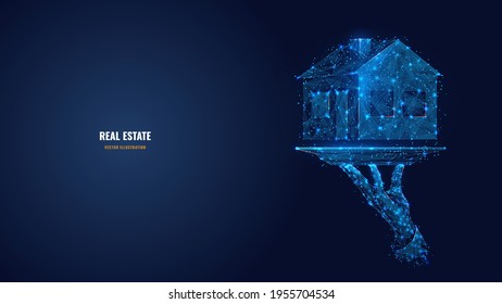 3d Hand Holding House Icon On Plate. Abstract Vector Agent’s Arm And Home In Dark Blue. Real Estate, Rental, Sale Or Investment Concept. Digital Low Poly Wireframe With Dots, Lines, Shapes And Stars
