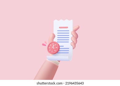 3D hand holding invoice transaction icon for payment with clock alert notification. Business 3d hand using invoice bill expenses under creative concept. 3d receipt vector icon render illustration