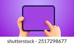 3d Hand holding ipad or tablet pc. Ipad mockup. Editable template. Touching screen with finger. Vector illustration 