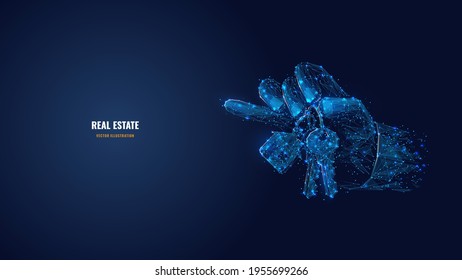 3d agent’s hand holding keys. Digital vector illustration looks like starry sky. Real estate, rental, sale or investment concept. Abstract low poly wireframe with connected dots, lines and shapes