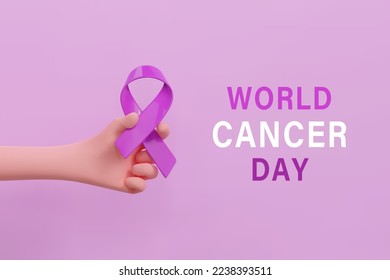 3d hand holding lavender purple ribbon. World Cancer Day concept, February 4. Raise awareness, prevention, detection, treatment. Icon design for poster and banner. Vector illustration isolated