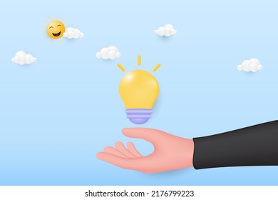 3d Mano sosteniendo una bombilla. Finanzas, inversión, bombilla en mano como idea hacen concepto de ganancia. Ilustración vectorial 3d.