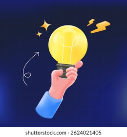 3D hand holding light bulb. innovation, creative ideas, brainstorming, startup concepts, and energy solutions. vector illustration