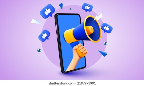 3d hand holding megaphone speaker in smartphone for announce. Mockup with like notifications. Social media promotion. Vector illustration.