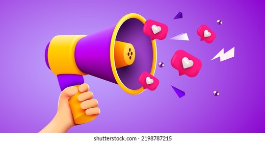 3d hand holding megaphone speaker or loudspeaker bullhorn for announce. Mockup with like notifications. Social media promotion. Vector illustration.