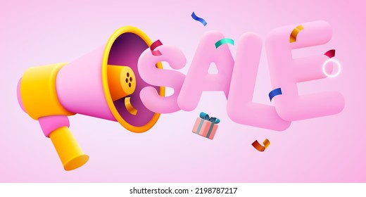 3d hand holding megaphone speaker in smartphone for discount announce. Sale mockup. Vector illustration.