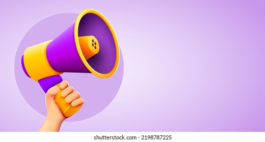 3d hand holding megaphone speaker or loudspeaker bullhorn for announce. Social media promotion. Vector illustration.