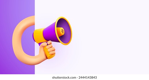 3d hand holding megaphone speaker or loudspeaker bullhorn for announce. Social media promotion. Vector illustration.