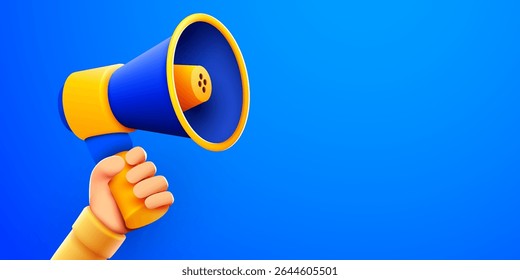 3d hand holding megaphone speaker or loudspeaker bullhorn for announce. Social media promotion. Vector illustration.