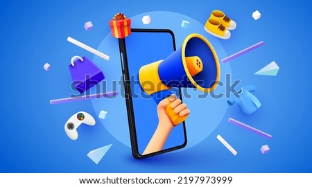 3d hand holding megaphone speaker in smartphone for discount announce. Sale mockup with fashion elements. Vector illustration.