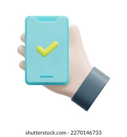 3d mano sosteniendo el móvil con marca de verificación vector icono. Aislado sobre fondo blanco. 3d ux y ui concepto. Dibujo de estilo mínimo. Ilustración del vector del icono de prueba 3d.