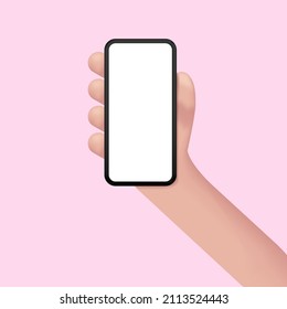 3D hand holding mobile phone. Cellphone in cute 3d hand mock up. Trendy design mockup. Smartphone blank empty screen in modern hands palm template.