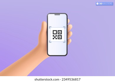 3d mano sujetando el teléfono móvil escaneando el símbolo del icono de código QR. Oferta especial de compras promoción de marketing, burla. concepto de compra en línea. Ilustración aislada vectorial 3D, estilo Mínimo pastel de dibujos animados.