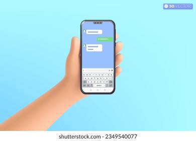 3D-Hand, die ein Symbol für die Chatanwendung für Mobiltelefone hält. Chatting-Nachricht, QWERTY, Speech-Blase, Instant Messaging-Template-Konzept. 3D Vektorgrafik einzeln, Cartoon Pastellfarben Minimal Stil.