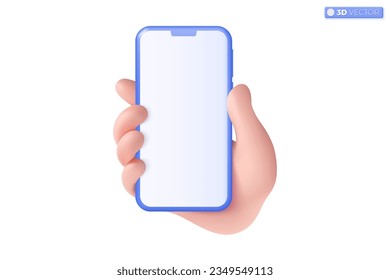 3d hand holding mobile phone icon symbol. Realistic smartphone with empty screen, Phone mockup. Editable device mobile template concept. 3D vector isolated illustration, Cartoon pastel Minimal style.